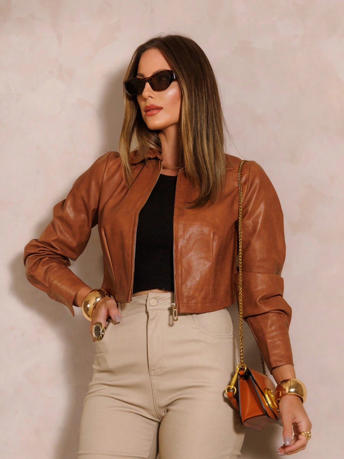 Jaqueta de Couro Basica Marrom - Katiane