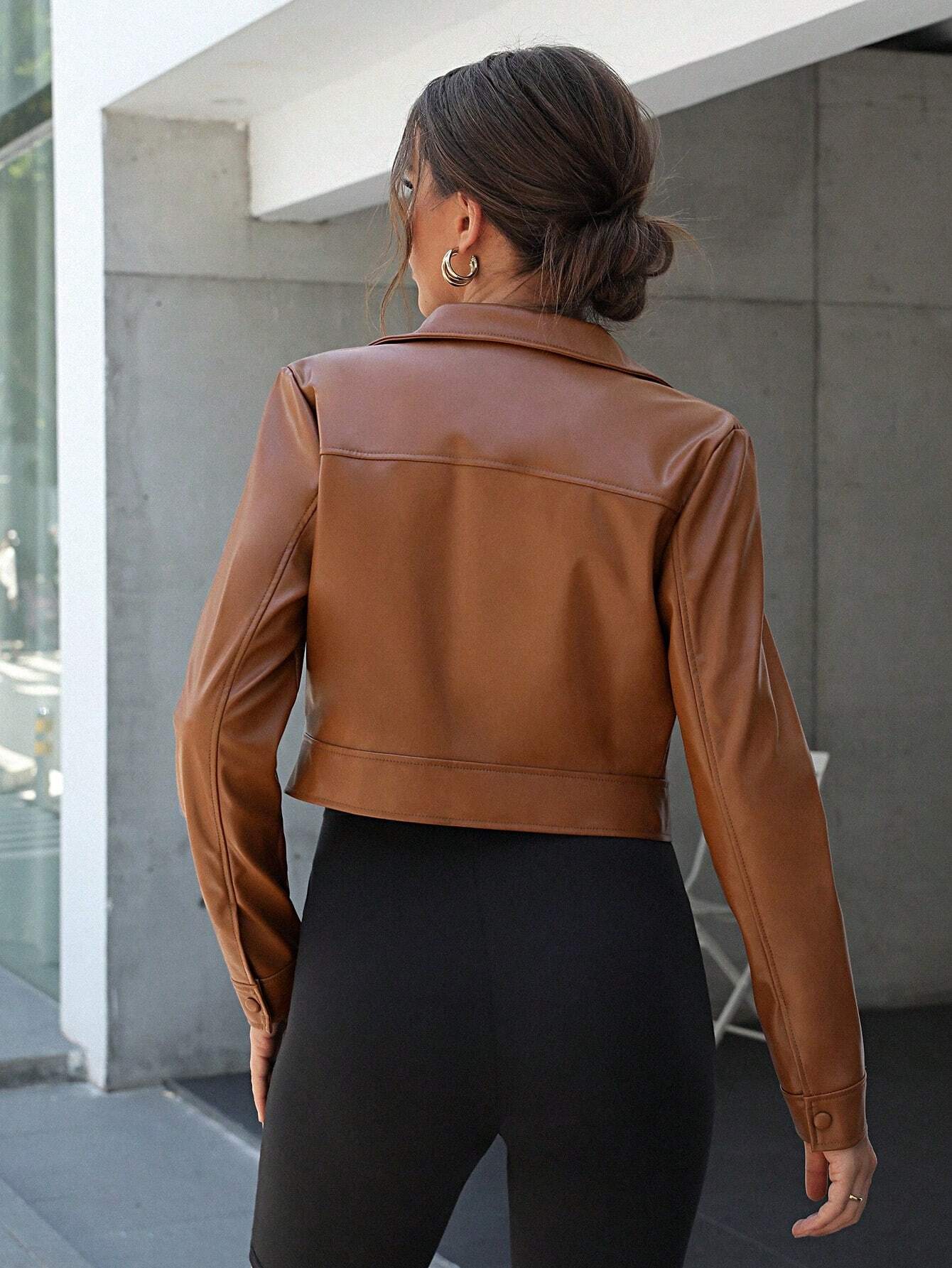 Jaqueta de Couro com Bolso Caramelo - Geovana